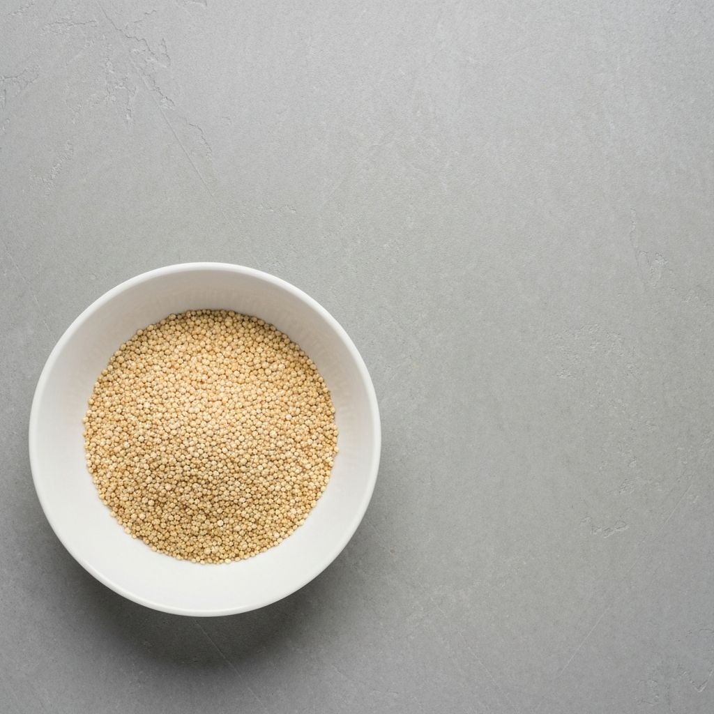 Uncooked quinoa grains in a white bowl